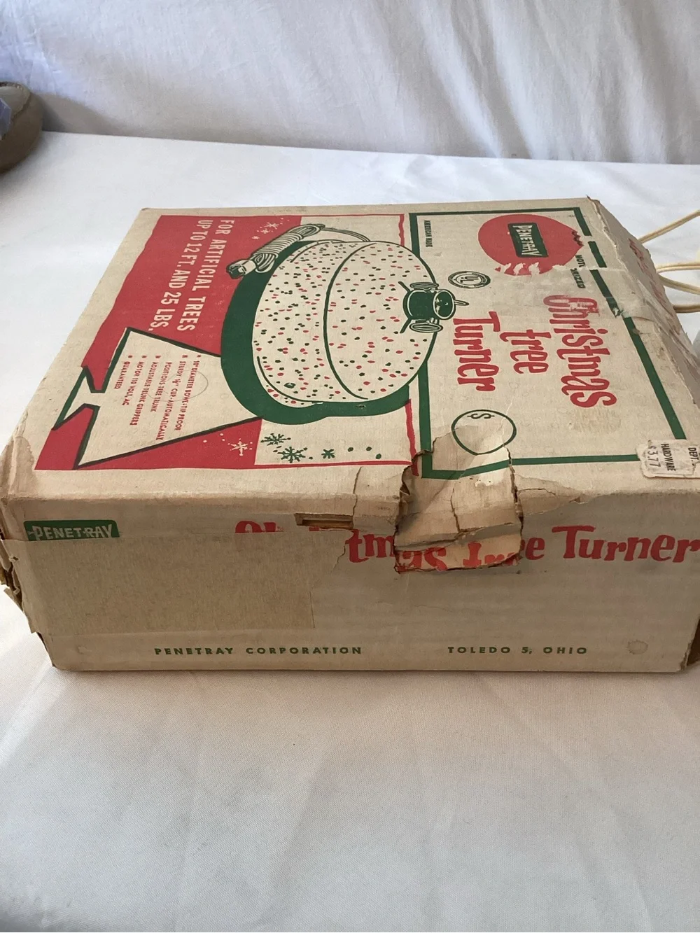 Vintage Working White Speckled Christmas Tree Turner in Box Holiday Core, Retro